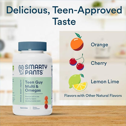 SmartyPants Teen Guy Multivitamin Gummies: Omega 3 Fish Oil (EPA/DHA), Vitamin D3, C, Vitamin B12, B6, Vitamin A, K & Zinc, Gluten Free, Three Fruit Flavors, 90 Count (22 Day Supply)