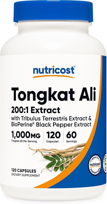 Nutricost Tongkat Ali 1,000mg 120 Capsules - with Tribulus Terrestris and BioPerine, Vegetarian Caps, Non-GMO, Gluten Free, Potent Extract