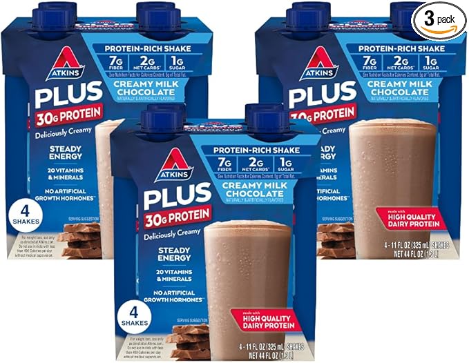 Atkins Creamy Milk Chocolate PLUS Protein Shake, 30g Protein, 7g Fiber, 2g Net Carb, 1g Sugar, Keto Friendly, Low Carb, High Protein Drink, 12 Count