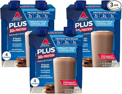 Atkins Creamy Milk Chocolate PLUS Protein Shake, 30g Protein, 7g Fiber, 2g Net Carb, 1g Sugar, Keto Friendly, Low Carb, High Protein Drink, 12 Count