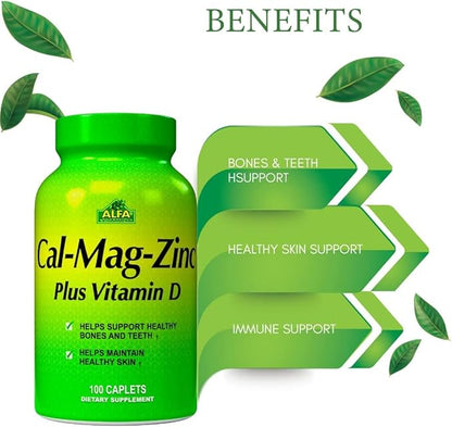 ALFA VITAMINS Calcium Magnesium Zinc Plus Vitamin D Supports Healthy Bones, Joints, Teeth, and Skin - 100 Caplets