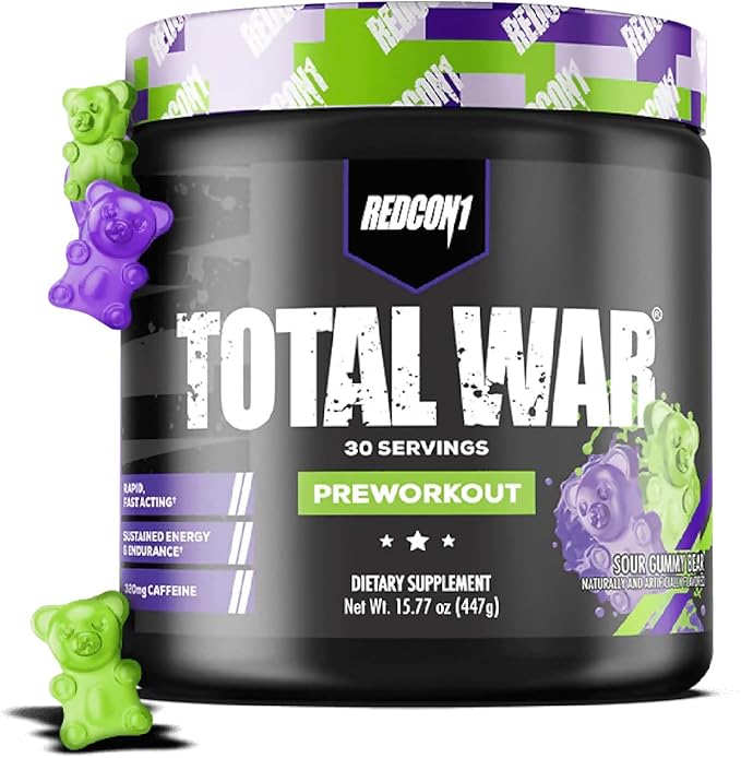 REDCON1 Total War Preworkout - Contains 320mg of Caffeine from Green Tea, Juniper & Beta Alanine - Pre Work Out with Amino Acids to Increase Pump, Energy + Endurance (Sour Gummy Bear, 30 Servings)