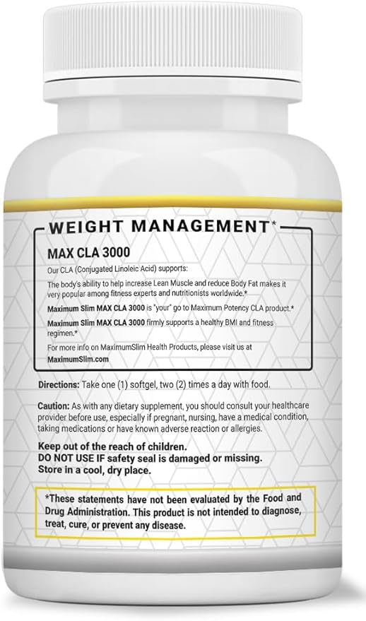 Maximum Slim MAX CLA 3000, High Potency, Natural Weight Loss Exercise Enhancement, Increase Lean Muscle Mass, Non-Stimulating, Non-GMO 95% Pure CLA, 90 Count