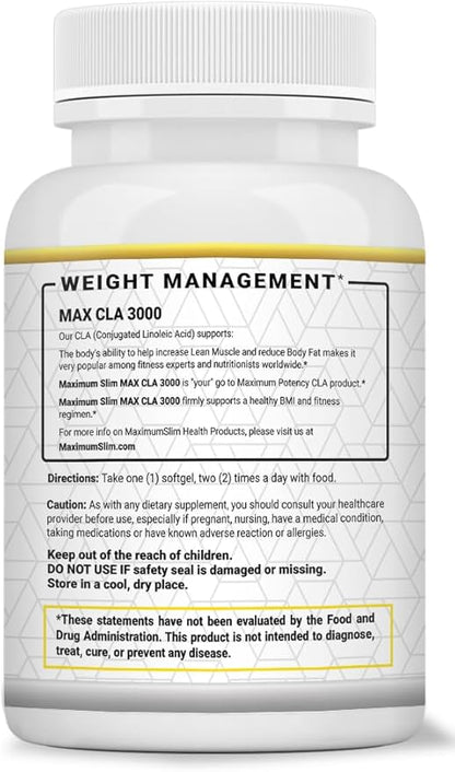 Maximum Slim MAX CLA 3000, High Potency, Natural Weight Loss Exercise Enhancement, Increase Lean Muscle Mass, Non-Stimulating, Non-GMO 95% Pure CLA, 90 Count