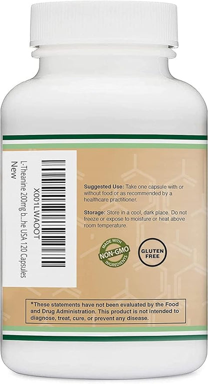 L-Theanine Supplement 200mg, 120 Capsules (Soy Free, Gluten Free, Non-GMO, Third Party Tested) Synergy with Magnesium L-Threonate and Apigenin by Double Wood