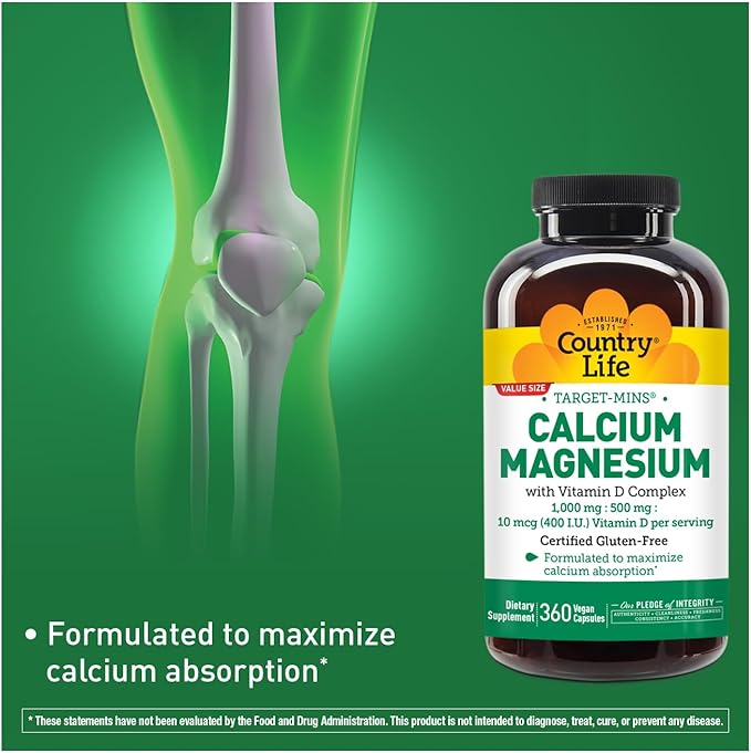 Country Life Target-Mins Calcium Magnesium with Vitamin D-Complex, 1000mg/500mg/10mcg, 360 Vegan Capsules, Certified Gluten Free, Certified Vegan, Verified Non-GMO Verified…