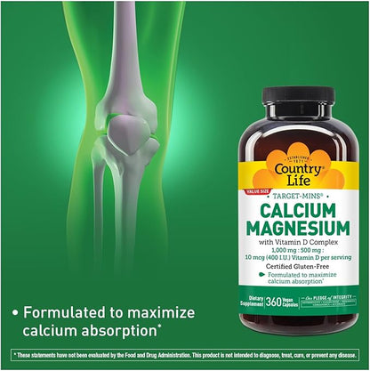 Country Life Target-Mins Calcium Magnesium with Vitamin D-Complex, 1000mg/500mg/10mcg, 360 Vegan Capsules, Certified Gluten Free, Certified Vegan, Verified Non-GMO Verified…