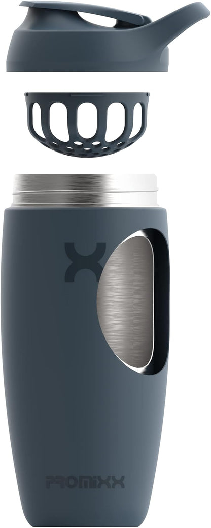 Promixx Pursuit Shaker Bottle Insulated Stainless Steel Water Bottle and Blender Cup, 18oz, Midnight Blue