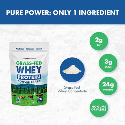 Grass Fed Whey Protein Powder Concentrate - Unflavored & Unsweetened - Pure Protein Supplement for Drink, Smoothie, Shake, Cooking & Baking - Non GMO, Hormone Free & Gluten Free - 1 Pound