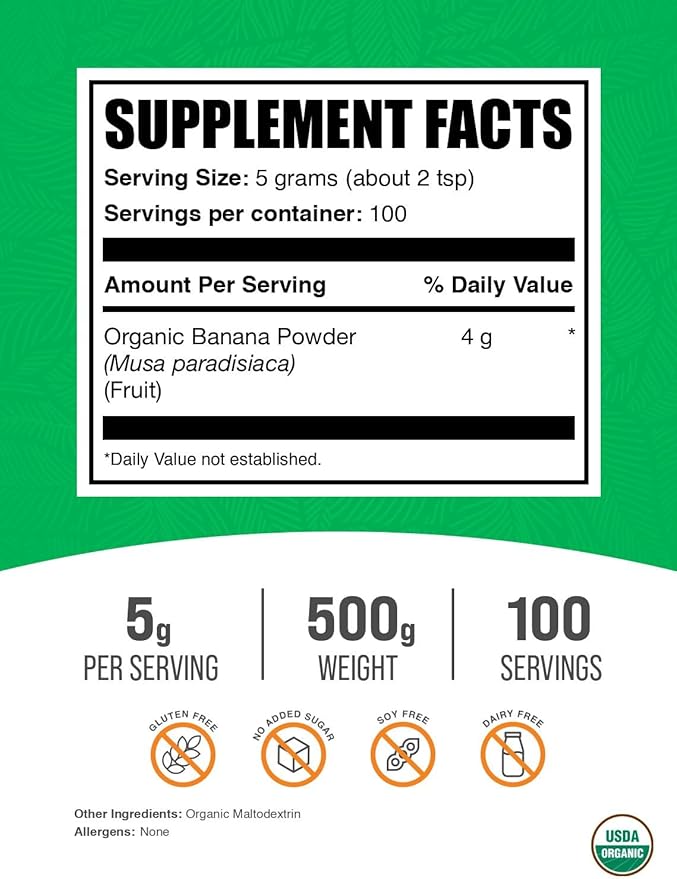 BulkSupplements.com Organic Banana Powder - Dried Bananas Powder - Fruit Powder - Banana Flavoring Powder - Smoothie Powder (500 Grams - 1.1 lbs)