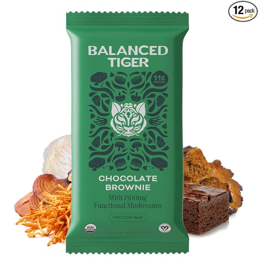 Organic Functional Mushroom Protein Bars | Full Dose (1500mg) Lions Mane, Chaga, Reishi & Cordyceps Bars | Vegan Protein Bars, Adaptogens, Superfoods Protein Bars | Chocolate Brownie Flavor