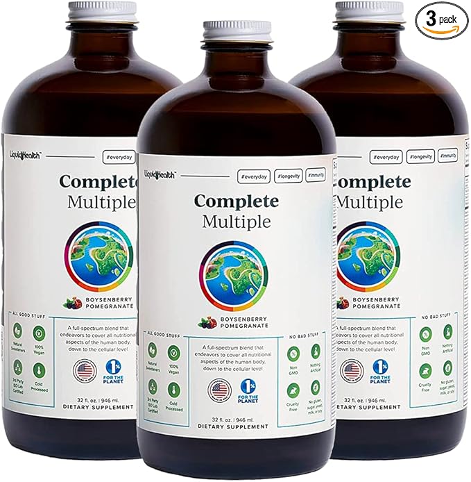 LIQUIDHEALTH 32 Oz Liquid Multivitamin for Adult Men & Women - Complete Multiple, Natural Immune Support, Non-GMO, Vegan, Gluten Free, Sugar Free, Prebiotic Fiber Vitamins Supplement (3-Pack)