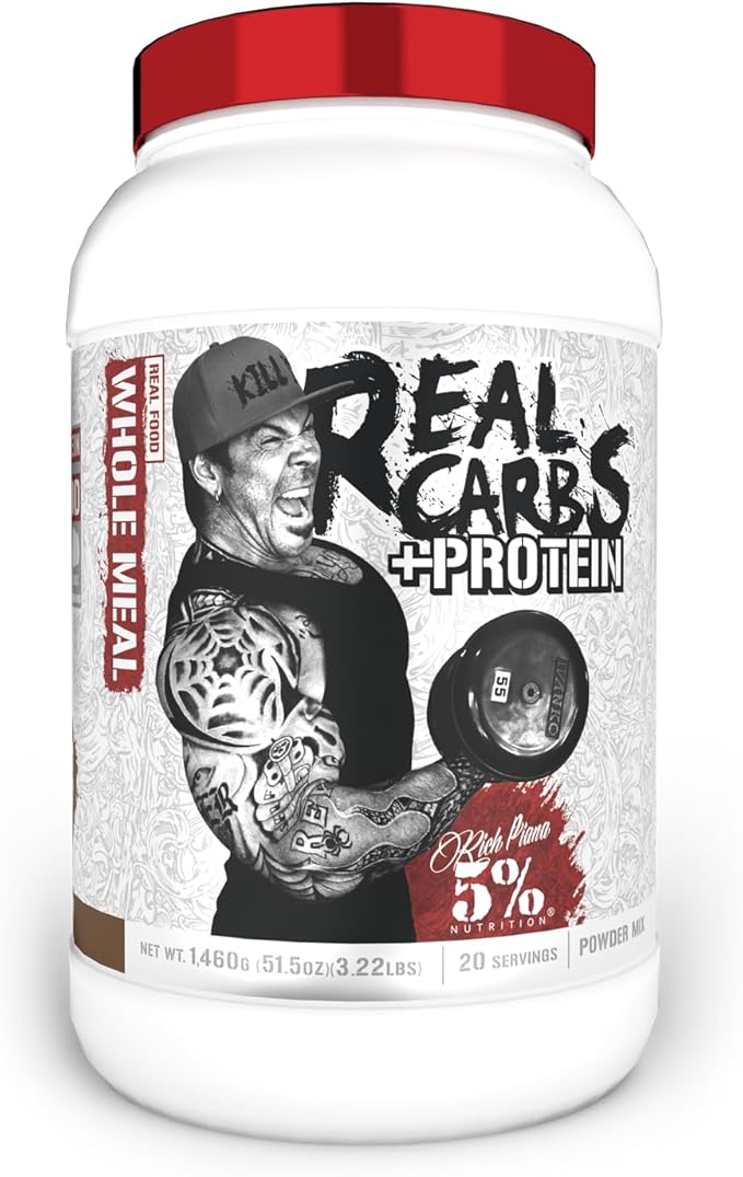 5% Nutrition Rich Piana Real Carbs + Protein | Clean Mass Gainer Protein Powder | Real Food Carbohydrate Fuel for Pre Workout/Post-Workout Recovery Meal | 3.2 lb, 20 Servings (Chocolate)