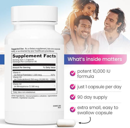 REVITALIZE ADK Vitamin Supplement 10,000 IU - 90 Servings, High Potency Vitamin A, D3 & K2 (MK-7) for Bone Strength | Supports Heart Health and Immune Function - Convenient Capsule Form