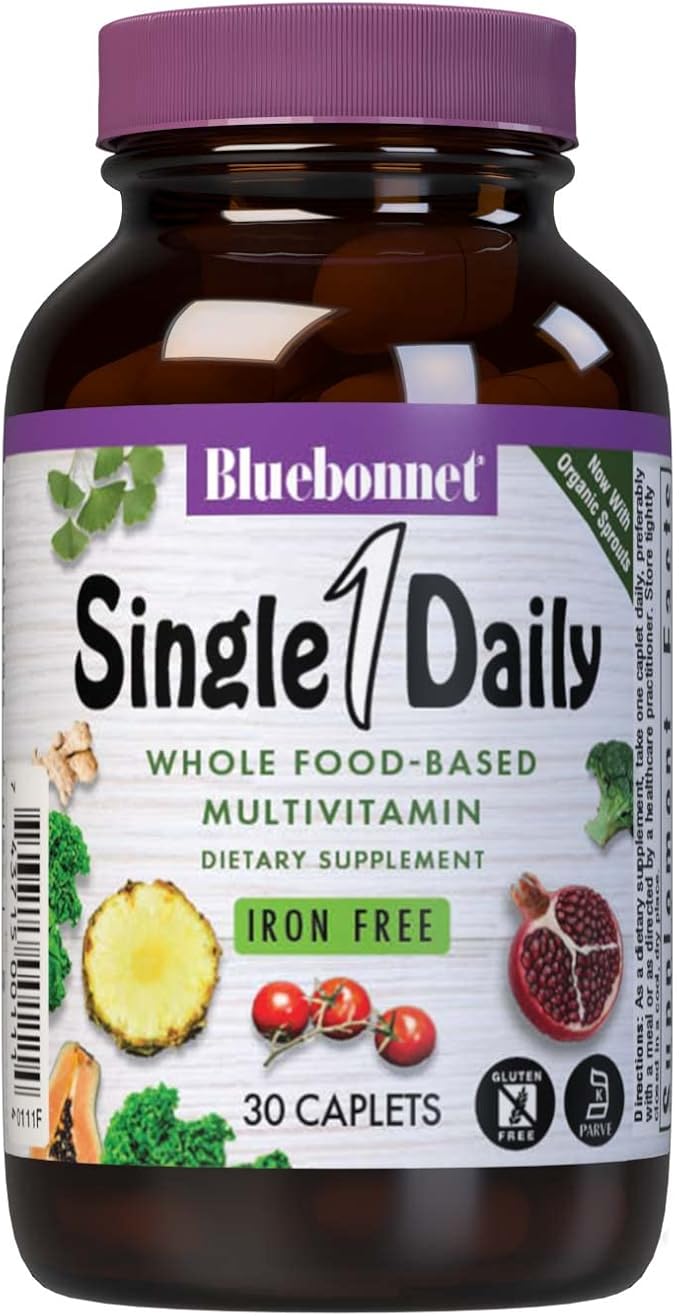 Bluebonnet Nutrition Super Earth* Single Daily* Multiple (Iron Free), for Daily Nutritional Support*, Gluten-Free, Kosher Certified, Dairy Free, Vegetarian Friendly, 30 Caplets, 30 Servings