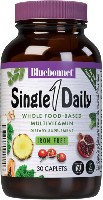 Bluebonnet Nutrition Super Earth* Single Daily* Multiple (Iron Free), for Daily Nutritional Support*, Gluten-Free, Kosher Certified, Dairy Free, Vegetarian Friendly, 30 Caplets, 30 Servings