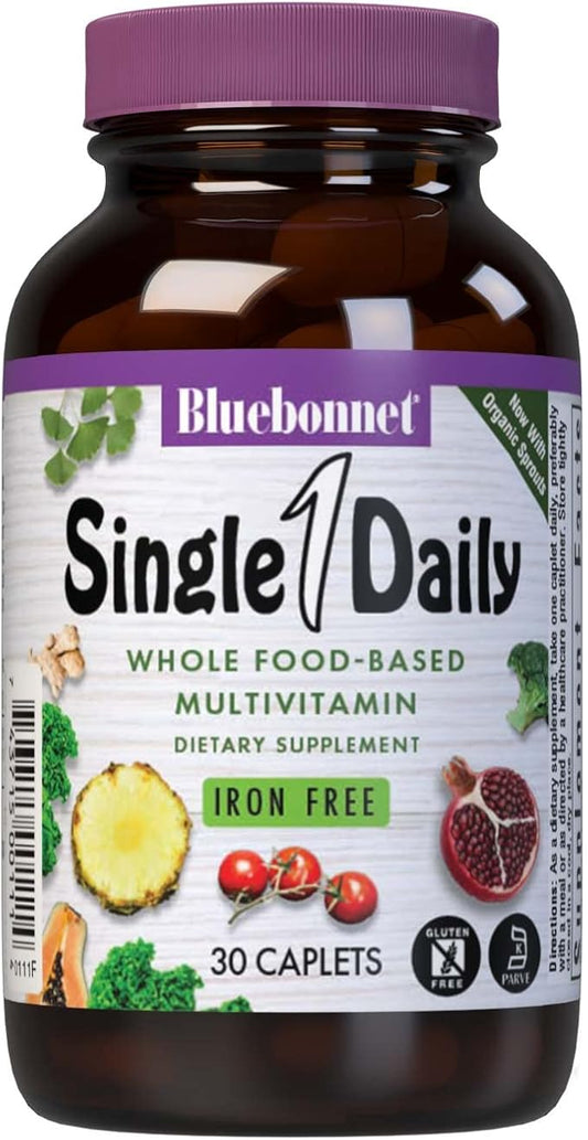 Bluebonnet Nutrition Super Earth* Single Daily* Multiple (Iron Free), for Daily Nutritional Support*, Gluten-Free, Kosher Certified, Dairy Free, Vegetarian Friendly, 30 Caplets, 30 Servings