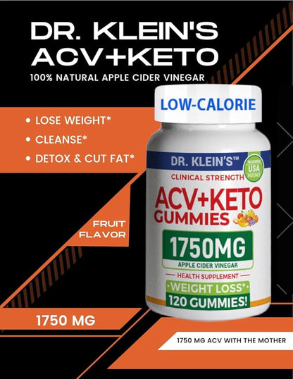 Keto ACV Gummies - Low-Calorie, Clinical Strength 1750mg, Apple Cider Vinegar Gummies with The Mother - Supports Advanced Weight Loss, Digestion, Cleansing - (120 Count)