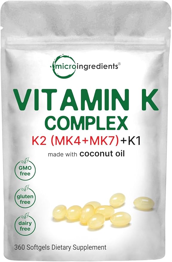 Micro Ingredients Super Vitamin K Complex (K2 MK7 + MK4 & K1), 360 Coconut Oil Softgles | Easily Absorbed K Vitamins, Active Menaquinone Complex | Immune, Joint, & Heart Support | Non-GMO