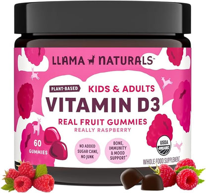 Llama Naturals Vitamin D3 Gummies for Kids & Adults, Real Fruit Gummy Vitamins for Immune Support, Healthy Bones & Overall Health, Organic, Vegan, No Sugar Added, Raspberry, 60 Ct (30-60 Day Supply)