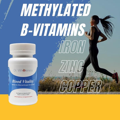 Dr. Wholeness Blood Vitality - Daily Iron Supplement and Multivitamin - Boost Ferritin and Energy, Most Effective Iron Supplement, High Potency, Non Constipating, No Nausea, and Bioavailable - 30 Caps