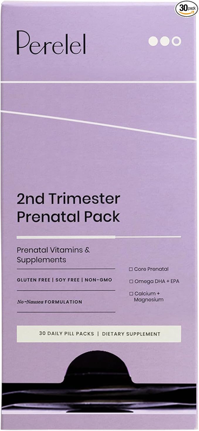 Perelel 2nd Trimester Prenatal Pack - Daily Pregnancy Vitamins - Omega DHA Prenatal Vitamins, Calcium + Magnesium Supplements for Women - Soy-Free Non-GMO Women's Vitamins (30 Pill Packs)