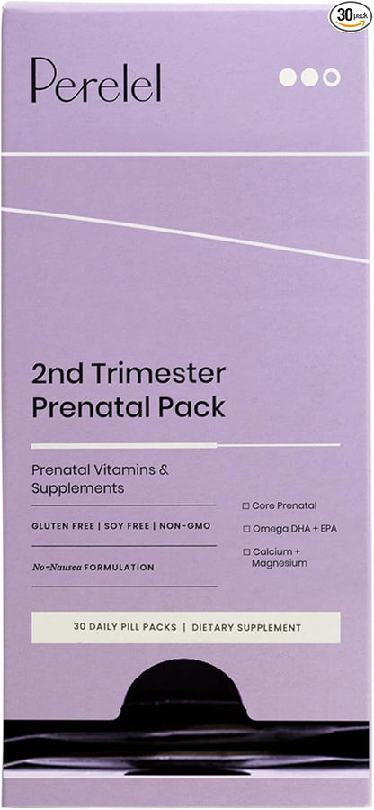 Perelel 2nd Trimester Prenatal Pack - Daily Pregnancy Vitamins - Omega DHA Prenatal Vitamins, Calcium + Magnesium Supplements for Women - Soy-Free Non-GMO Women's Vitamins (30 Pill Packs)