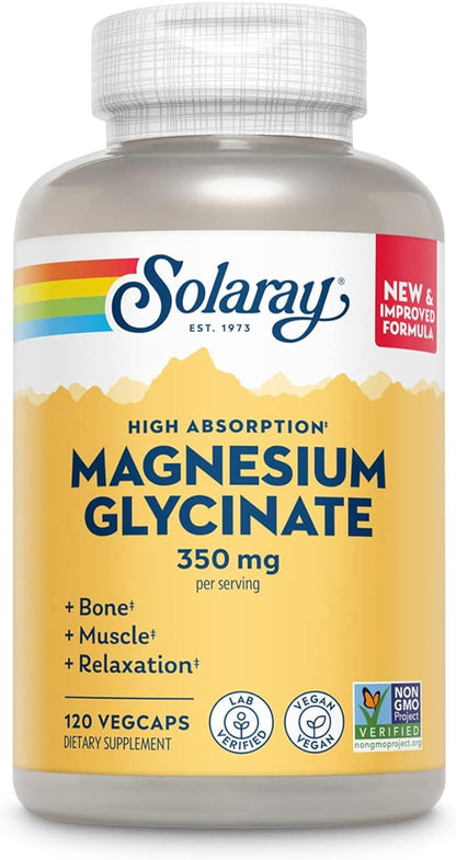 SOLARAY Magnesium Glycinate Capsules, Chelated Magnesium Bisglycinate w/BioPerine, Higher Absorption Magnesium Supplement - Bones, Muscles, Heart Support, Vegan, 275 Count (30 Servings, 120 VegCaps)
