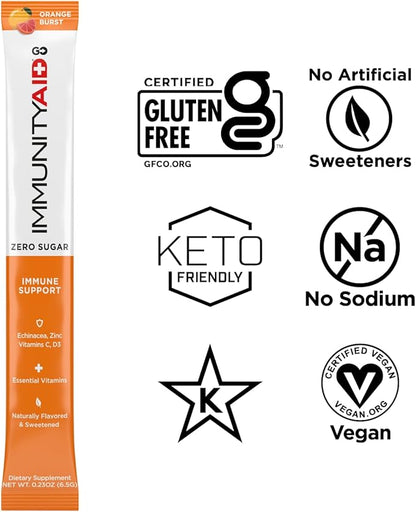LIFEAID IMMUNITYAID GO! Zero Sugar Immunity + Hydration Packet, Vitamin C, Echinacea, Zinc, Astragalus Root, Keto-friendly, Vegan & Gluten-Free, 5 calories, Naturally Sweetened, No Caffeine, 14 Pack