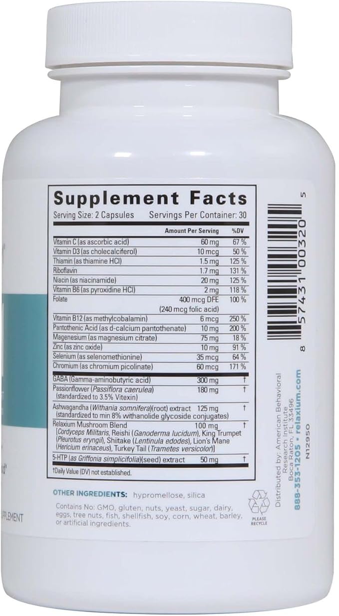 Relaxium Calm, Non-Habit Forming, Stress & Mood Support Supplement, Elevate Mood & Boost Relaxation with Ashwagandha, 5-HTP, GABA, Made in USA (60 Vegan Capsules, 30 Day Supply)