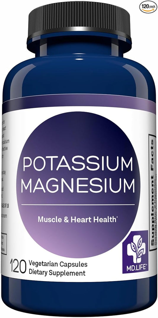 MD. Life Magnesium Potassium Supplement - 120 Capsules - High Absorption Magnesium Complex - Magnesium Supplement to Support Vascular Health & Leg Cramp 120cts