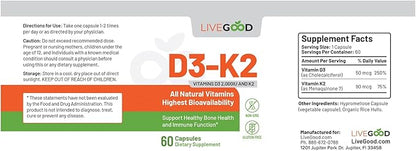 LIVEGOOD™ Vitamin D3 + K2 All Natural Bone, Muscle & Immune System Support, Vegan & Non-GMO, 60 Capsules