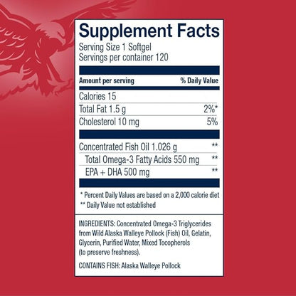 Preferred Triglyceride Omega-3 Fish Oil for Heart Health Support - Wild-Caught Alaskan Walleye Pollock - American-Sourced, American-Made - Non-GMO, Gluten-Free & Dairy-Free - 120 Softgels