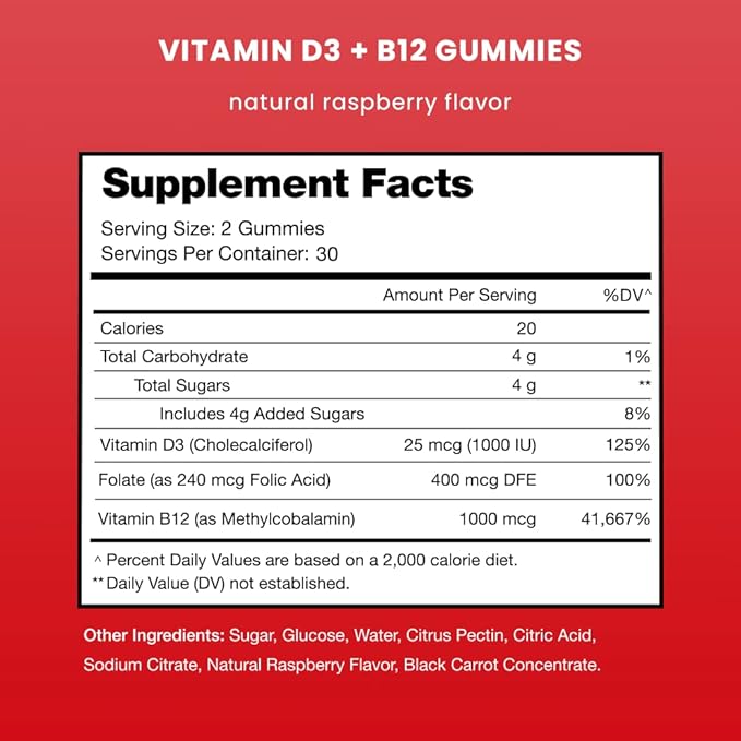 Vitamin D3 & Vitamin B12 | Methyl B12 Gummies for Adults & Kids | Enhanced with Vitamin D 3 & B9 Vitamin Folate | Natural Energy, Mood, Metabolism & Focus | Raspberry | 120 Gummies (2 Pack)