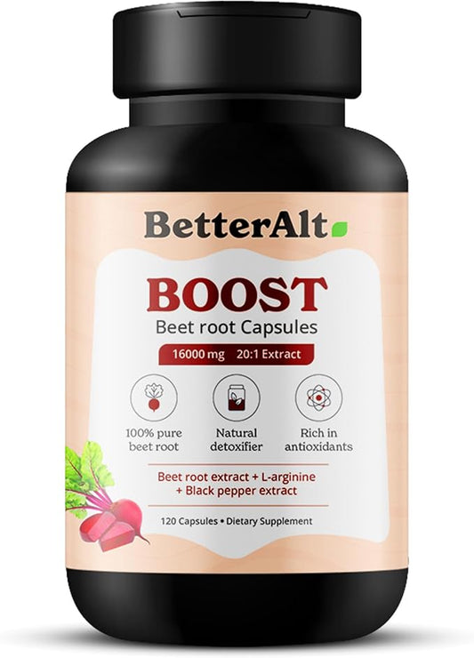 Beet Root Powder Capsules (120 Capsules)| Nitric Oxide Booster with L- Arginine|100% Natural Beetroot Supplement| Enhances Muscle Recovery & Boosts Stamina| 16000mg 20:1 Extract