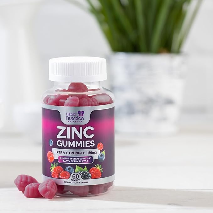 Zinc Gummy for Adults 50mg, Max Strength Bone, Skin & Immune Support Zinc Gummies, Vegan, Non-GMO & Gluten Free, Immune Health Support, Nature’s Antioxidant Chewable Zinc Vitamins - 60 Gummies