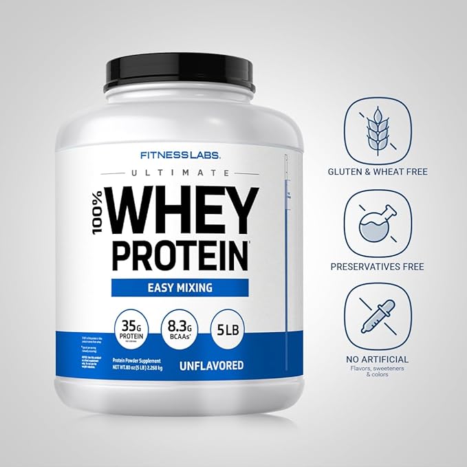 Fitness Labs Whey Protein Powder | 5 Lbs | 35g Protein | Unflavored | Easy Mixing Supplement | Non-GMO, Gluten Free