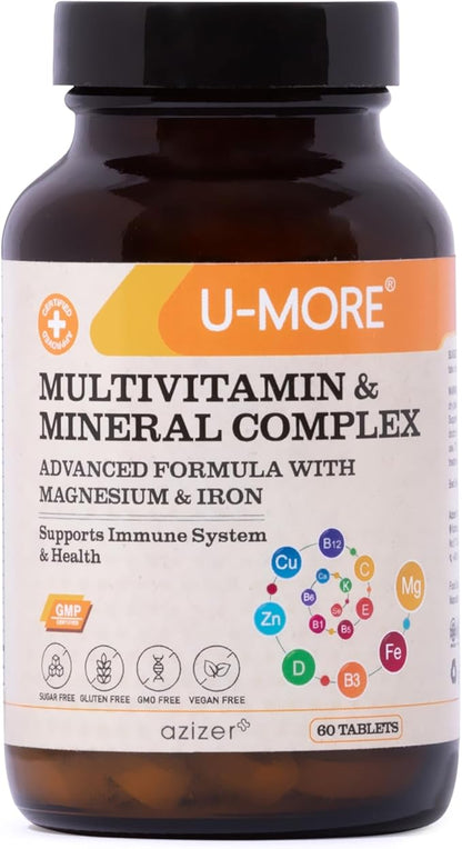 U-MORE Multivitamin & Mineral Complex, Vegan, Sugar-Free, Gluten-Free, Calcium, Magnesium, Vitamin A, B1, B2, B5, B6, B12, D3, K, C, Iron, Zinc, Supports Immune System & Overall Health - 60 Tablets