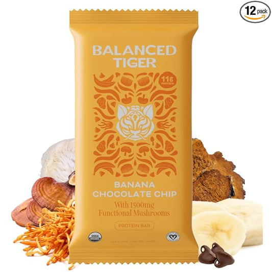 Organic Functional Mushroom Protein Bars | Full Dose (1500mg) Lions Mane, Chaga, Reishi & Cordyceps Bars | Vegan Protein Bars, Adaptogens, Superfoods Protein Bars | Banana Chocolate Chip Flavor