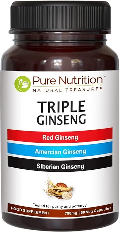 Pure Nutrition Triple Ginseng - an Unique and Effective Combination of Red Ginseng, American Ginseng and Siberian Ginseng. 650mg per Capsule | 60 Veg Caps Pack