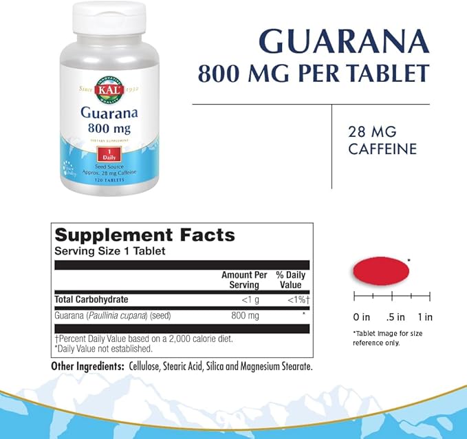 KAL Guarana 800 | Approx. 28 milligrams of Naturally Occurring Caffeine | Healthy Energy and Focus Support | 120 Tablets