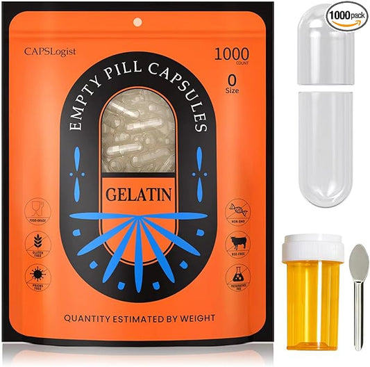 Capsules Size 0, 1000 Count Gel Pill Gelatin Capsules Empty with Bottle, Pill Caps for DIY Supplement Filling, Empty Caps, capsulas vacias para rellenar, Non-GMO Certified, Clear