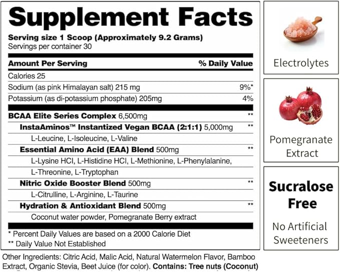 Snap BCAA Powder Essential Amino Energy Supplement with Nitric Oxide Booster - Watermelon Flavor - Pre Workout Powder, Recovery Supplements Post Workout, Muscle Strength & Performance (30 Servings)