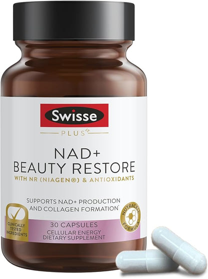 Swisse Plus NAD+ Beauty Restore | Clinically Tested Ingredients | NAD+ Supplement for Men & Women | Supports Collagen Formation, Skin Elasticity & Anti-Aging Supplement | 30 Capsules