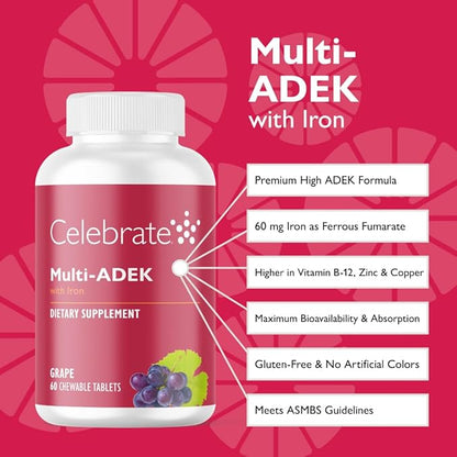 Celebrate Vitamins Multi ADEK Chewables, 60mg Iron - Daily Bariatric Multivitamin, Vitamins A, D, E, K & B12 for Duodenal Switch Surgery Patients - Grape (60 Tablets)