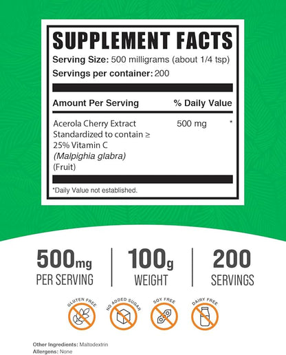 BulkSupplements.com Acerola Cherry Extract Powder - Natural Vitamin C Supplement, Acerola Cherry Powder - Vegan & Gluten Free, 500mg per Serving, 100g (3.5 oz) (Pack of 1)