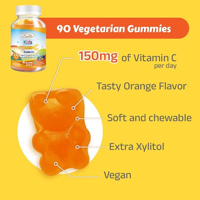 Lovita Vegan Vitamin C Gummies for Kids, Great Tasting Plant-Based Formula, Immune Function Support with Vitamin C 150mg per Daily Servings & Xylitol, Natural Orange Flavored, 90 Gummies (Pack of 3)