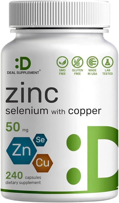 Deal Supplement Zinc 50mg with Selenium + Copper, 240 Capsules, 8 Month Supply, 3 in 1 Mineral Formula, Zinc Picolinate Complex Supplement, Supports Healthy Immune System for Adults and Kids