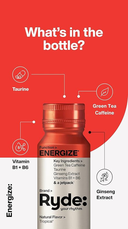 Ryde: Energize Shot | Tropical Flavor | Green Tea Caffeine, Taurine, Ginseng Extract & B Vitamins | 0 Calories, 0 Sugar | 2 FL OZ Shots | Boosts energy* (24 Pack)