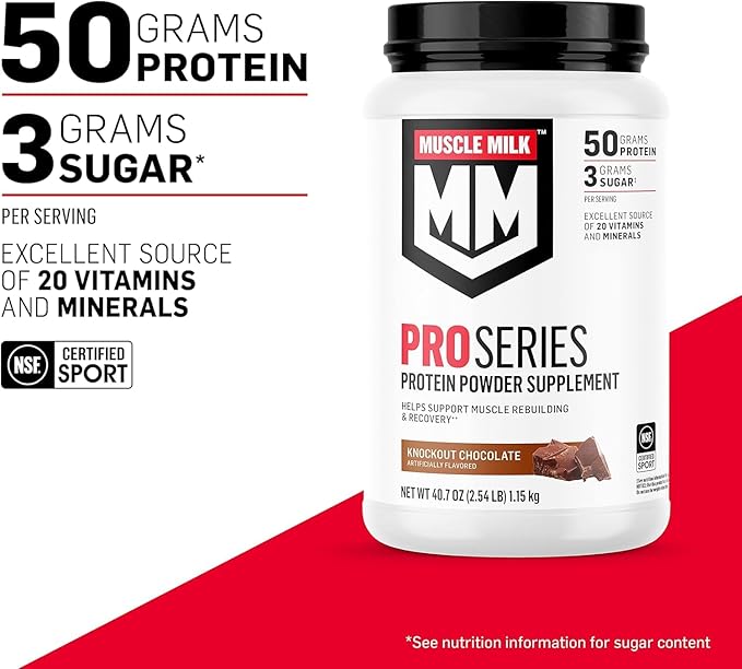 Muscle Milk Pro Series Protein Powder Supplement,Knockout Chocolate,2 Pound,11 Servings,50g Protein,3g Sugar,20 Vitamins & Minerals,NSF Certified for Sport,Workout Recovery,Packaging May Vary